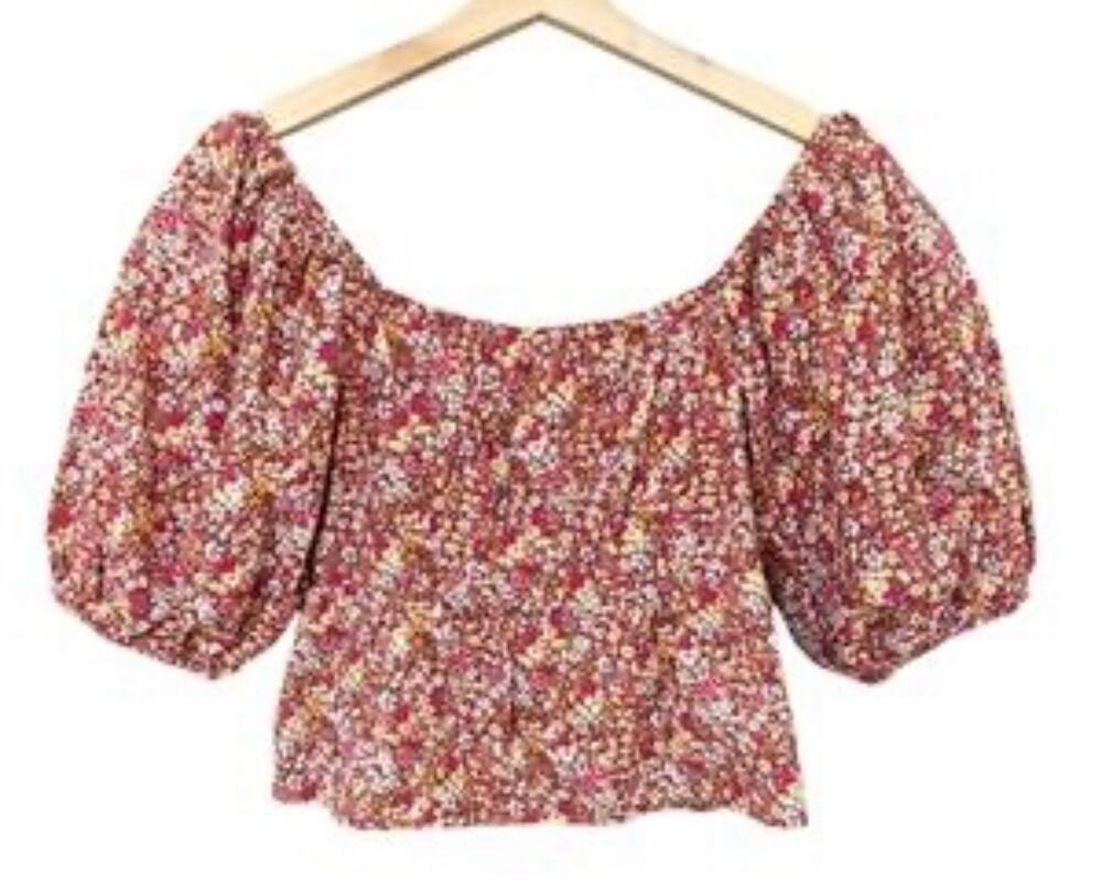 Sim & Sam Cottagecore Red Floral Puff Sleeve Crop Top 100% Cotton Boho Large
